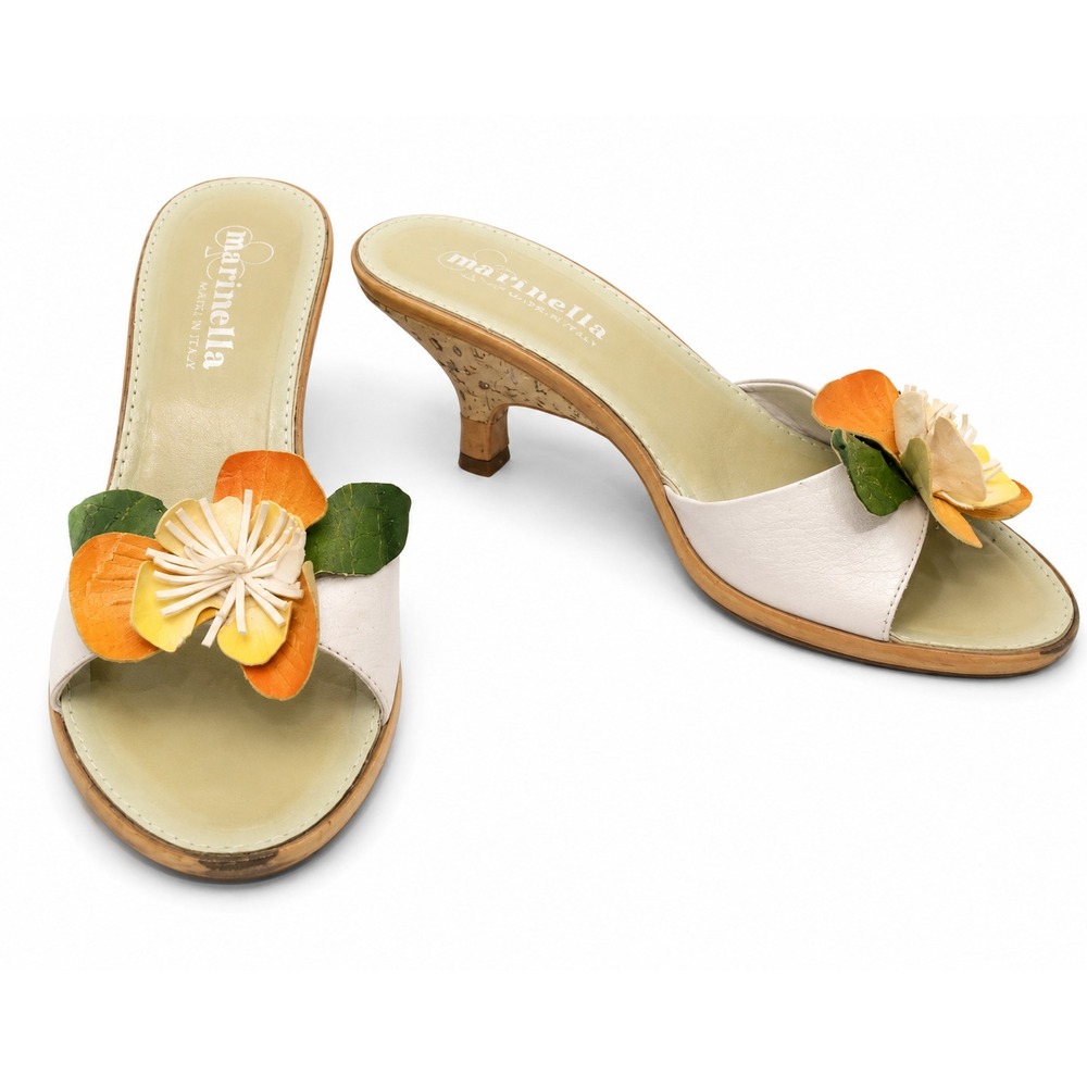 Marinella Womens Slide Sandal Size 39/6M White Leather Flower Faux Cork Heel